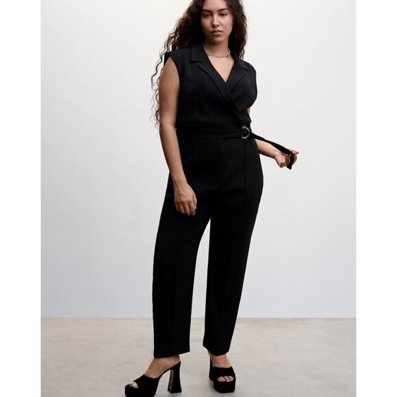 MNG by Mango Black Sleeveless Belted Wrap Straight Leg Jumpsuit XL NWT‎ - Picture 10 of 14